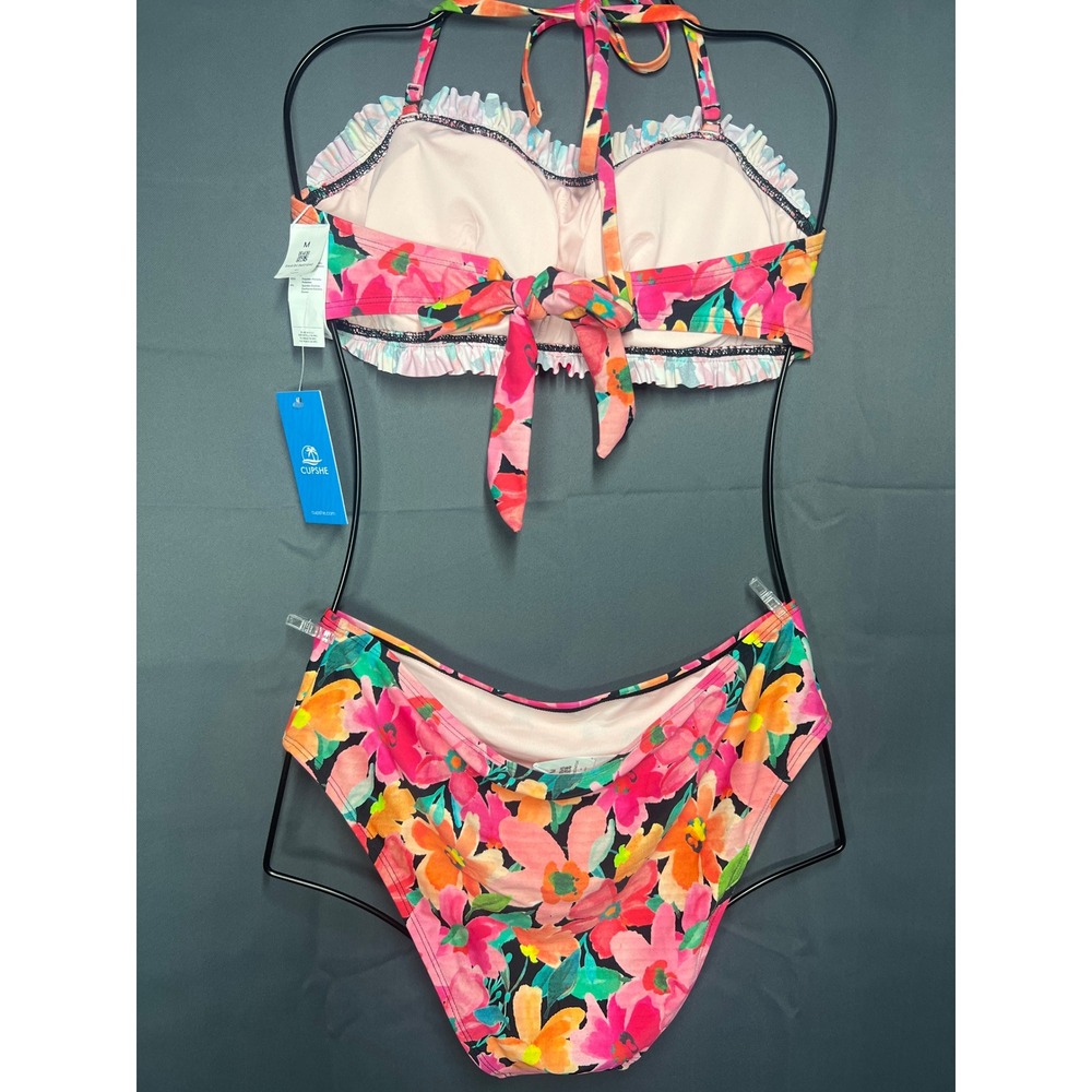 Cupshe Womens Floral Smocked Bandeau Bikini Set Pink Orange Halter Medium NEW - Picture 3 of 4
